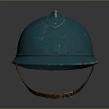 Vintage Soldier Helmet In Blue With Worn Surface And Brown Strap