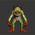 3D Green Monster Character With Red Spiky Hair Large Sharp Teeth And Orange Hands Feet