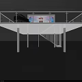 Modern Two Story Exhibition Space With Glass Railing Digital Screen And Staircase Under Column Platform