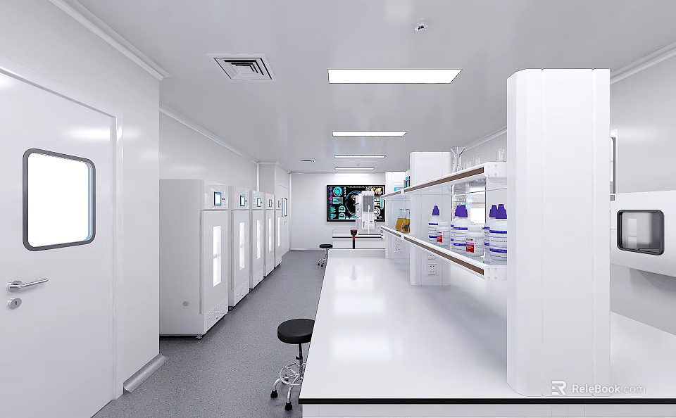 Modern Clean Laboratory Interior With White Lab Benches Storage Cabinets And Containers On Shelves 3d model 