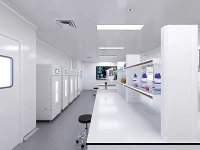 Modern Clean Laboratory Interior With White Lab Benches Storage Cabinets And Containers On Shelves 3d model