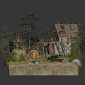 Cartoon Scene Featuring Small Wooden House Pine Trees Green Tractor Wooden Barrel Stream And Grass
