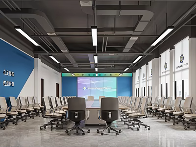 Modern Conference Room With Spacious Layout Blue Wall Large Screen Ceiling Lights And Comfortable Chairs 3d model