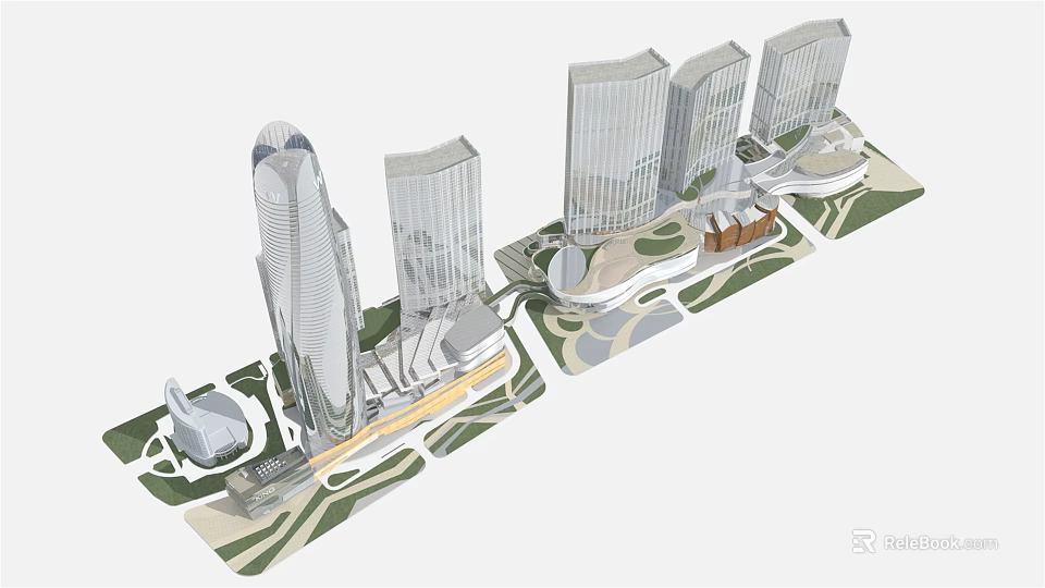 Modern Commercial Complex With High Rise Buildings And Green Landscaped Areas 3d model 
