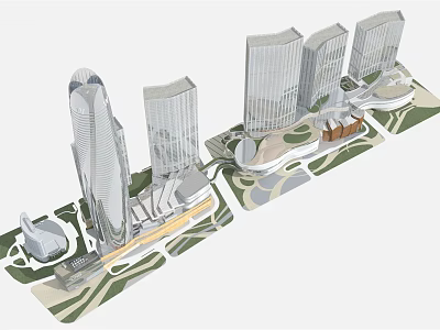 Modern Commercial Complex With High Rise Buildings And Green Landscaped Areas 3d model