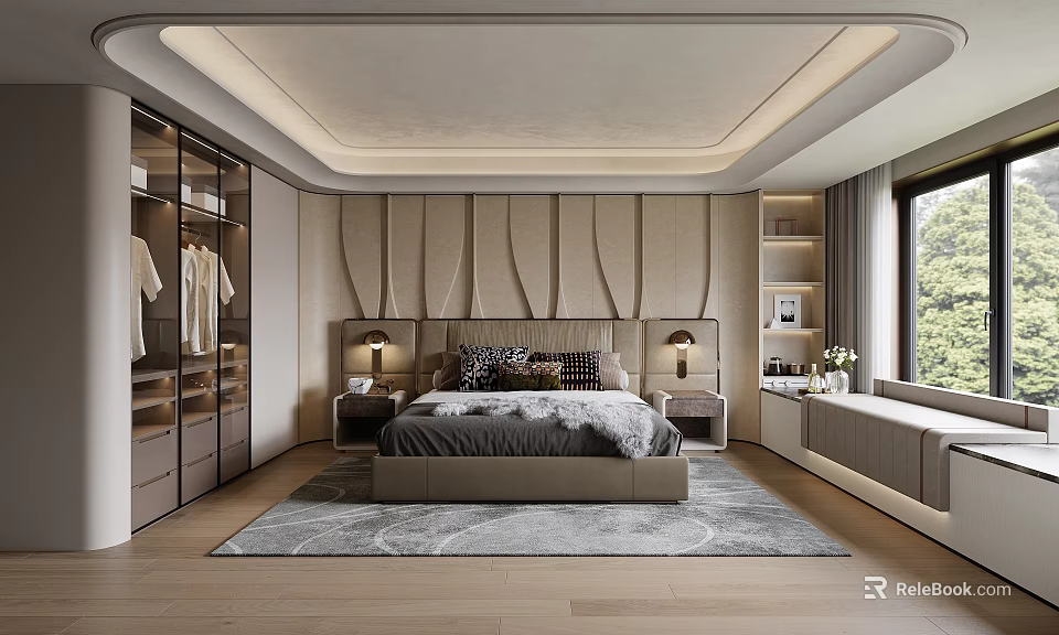 Modern Bedroom Interior Design With Large Bed Nightstands Cabinets Soft Rug And Wall Paneling 3d model 