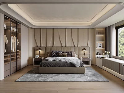 Modern Bedroom Interior Design With Large Bed Nightstands Cabinets Soft Rug And Wall Paneling 3d model