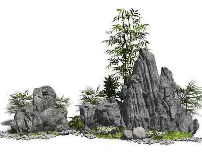 Garden Ornament Featuring Rock Formations Bamboo Green Plants And Small Stones 3d model