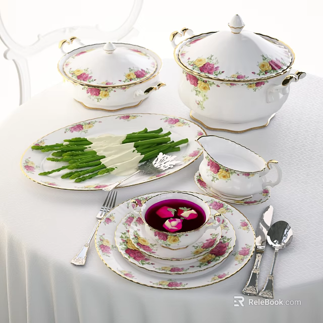 Elegant Floral Pattern White Porcelain Dinnerware Set With Soup Bowl Platter And Cutlery 3d model 