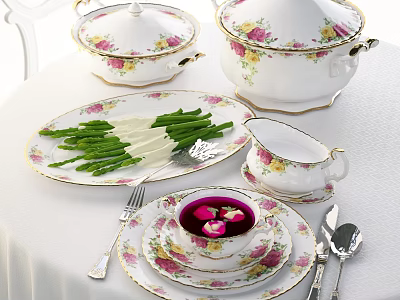 Elegant Floral Pattern White Porcelain Dinnerware Set With Soup Bowl Platter And Cutlery 3d model