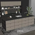 Modern Kitchen Bar Counter With Gray Drawers Marble Top Sink Potted Plant And Window