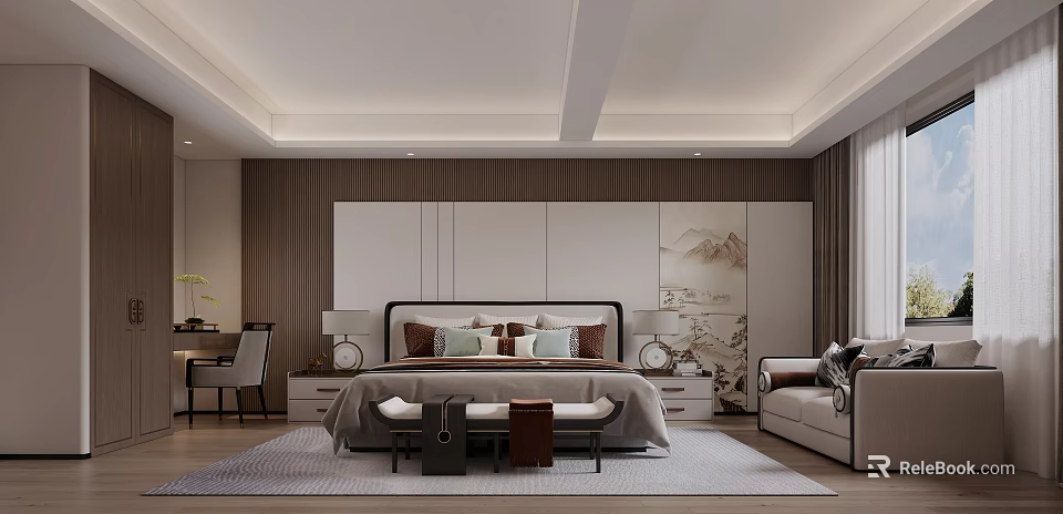 Elegant Modern Bedroom Interior With Wooden Accent Wall Landscape Painting Bed Pillows And Sofa 3d model 