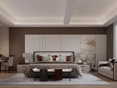 Elegant Modern Bedroom Interior With Wooden Accent Wall Landscape Painting Bed Pillows And Sofa 3d model