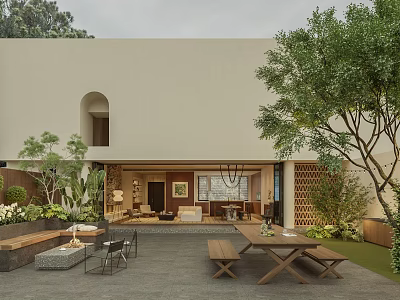 Modern Beige Building Exterior With Arched Window Courtyard Greenery And Outdoor Furniture 3d model