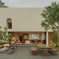 Modern Beige Building Exterior With Arched Window Courtyard Greenery And Outdoor Furniture