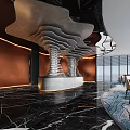 Modern Hotel Lobby Interior Design With Curved Ceiling Wavy Decor White Chairs And Blue Carpet