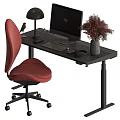 Black Desk With Computer Monitor Keyboard Desk Lamp Dried Flowers Headphones And Red Office Chair