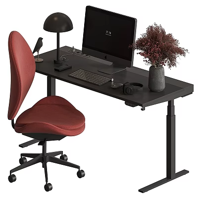 Black Desk With Computer Monitor Keyboard Desk Lamp Dried Flowers Headphones And Red Office Chair 3d model
