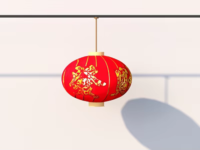 Traditional Red Lantern as Daily Living Essential with Gold Patterns and Fu Character Design 3d model