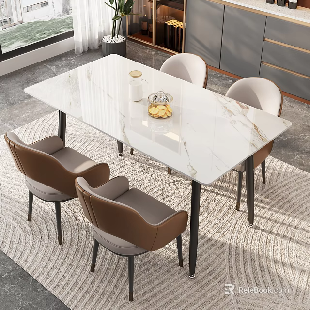 Modern Rectangular Marble Dining Table Set With Four Brown Beige Chairs On Woven Rug 3d model 