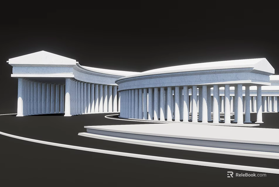 Green Plants Around Classical White Building With Dome Columns And Circular Driveway 3d model 
