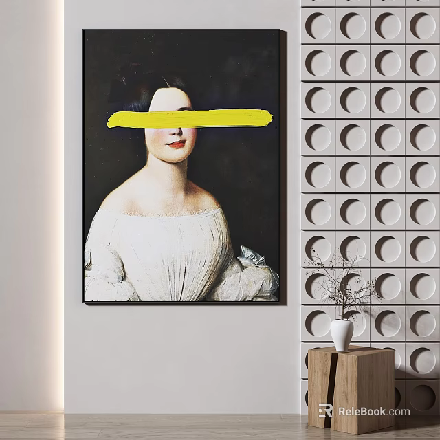 Classical Portrait Painting of Woman in White Attire with Geometric Wall and Wooden Table Vase 3d model 