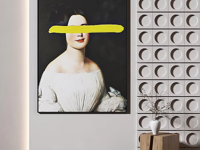 Classical Portrait Painting of Woman in White Attire with Geometric Wall and Wooden Table Vase 3d model