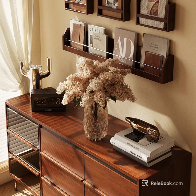 Wooden Dresser with Glass Vase White Flowers Clock Books and Metal Decor in Cozy Room 3d model 