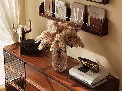 Wooden Dresser with Glass Vase White Flowers Clock Books and Metal Decor in Cozy Room 3d model