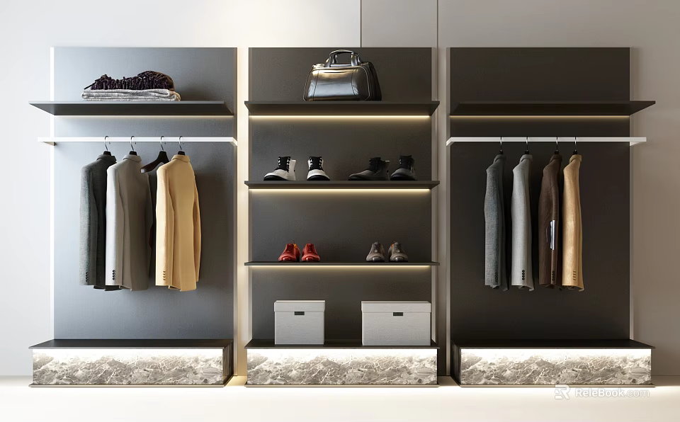 Stylish Modern Clothes In Organized Cloakroom With Hanging Racks Shoes Handbag And Storage Boxes 3d model 