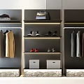 Stylish Modern Clothes In Organized Cloakroom With Hanging Racks Shoes Handbag And Storage Boxes