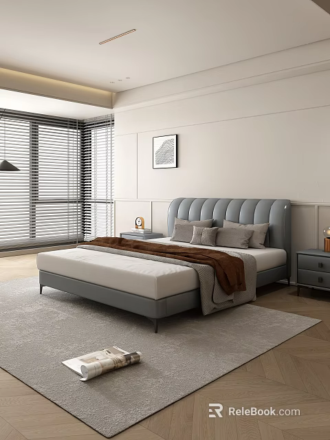 Modern Double Bed With Gray Headboard White Mattress Brown Blanket Nightstands Near Window With Blinds 3d model 
