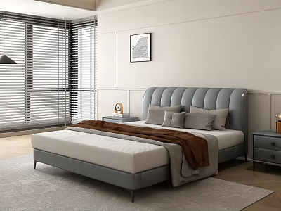 Modern Double Bed With Gray Headboard White Mattress Brown Blanket Nightstands Near Window With Blinds 3d model