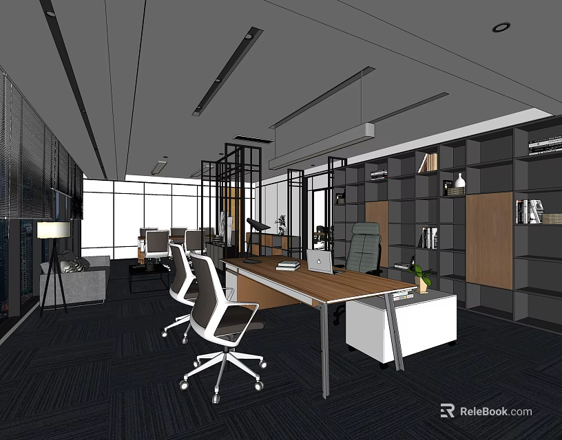 Modern Office Interior With Wooden Desk White Chairs Bookshelves Large Windows And Green Plant 3d model 
