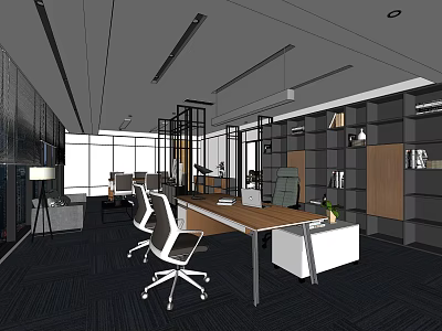 Modern Office Interior With Wooden Desk White Chairs Bookshelves Large Windows And Green Plant 3d model