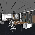 Modern Office Interior With Wooden Desk White Chairs Bookshelves Large Windows And Green Plant