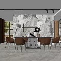 Modern Restaurant Interior With Marble Wall Dining Table Chairs Fireplace And Potted Plant