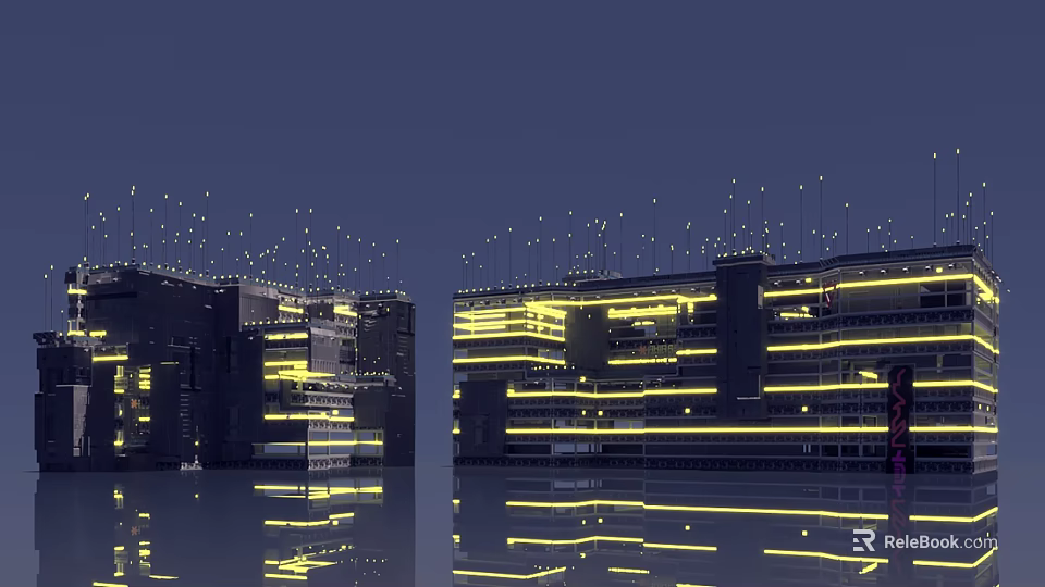 Future Architecture Night View With Illuminated Glass Facades And Water Reflections 3d model 