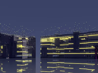 Future Architecture Night View With Illuminated Glass Facades And Water Reflections 3d model