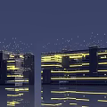 Future Architecture Night View With Illuminated Glass Facades And Water Reflections