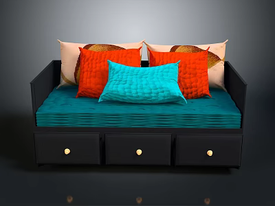 Stylish Sofa Bed With Colorful Cushions Blue Mattress Black Frame And Gold Knob Drawers 3d model