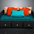 Stylish Sofa Bed With Colorful Cushions Blue Mattress Black Frame And Gold Knob Drawers