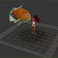 Curly Haired Little Girl Facing Big Orange Fish With Large Eyes On Dark Background
