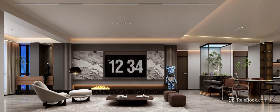 Modern Open Concept Living Dining Room With Marble TV Wall Sofa Coffee Table And Plants 3d model 