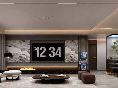 Modern Open Concept Living Dining Room With Marble TV Wall Sofa Coffee Table And Plants 3d model