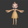 Anthropomorphic Bird Game Movie Character With Pink Feathered Hair Yellow Dress Outstretched Arms