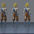 Three Anime Game Characters With Spiky Yellow Hair Blue Tops Orange Pants Torn Clothing