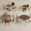 Various Round Dining Table Sets With Wooden Upholstered Chairs And Decorative Items 3d model