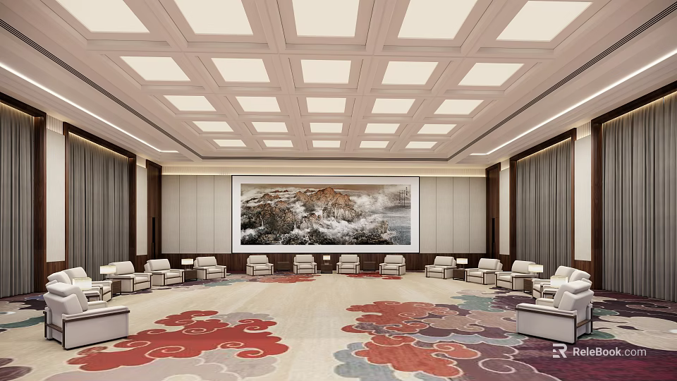Elegant Hotel Public Lounge With Grid Ceiling Large Landscape Painting White Sofas And Patterned Carpet 3d model