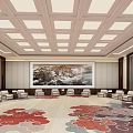 Elegant Hotel Public Lounge With Grid Ceiling Large Landscape Painting White Sofas And Patterned Carpet 3d model